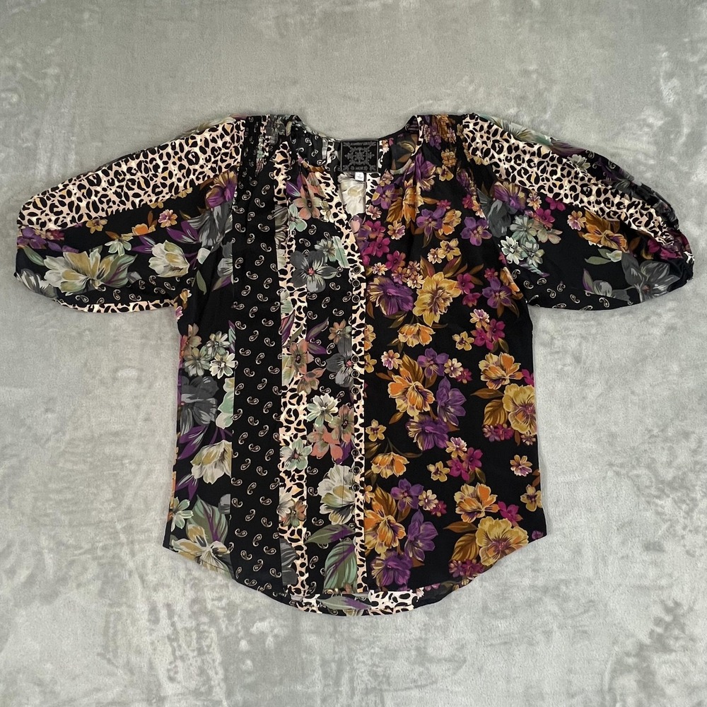 Johnny Was Jade Silk Blouse Womens Small Black Floral Leopard Tunic Boho Top 3/4